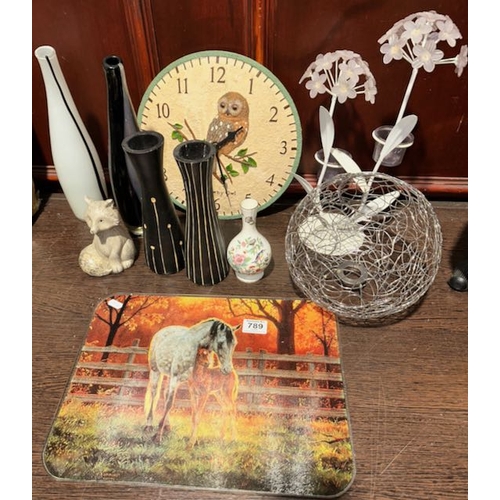 789 - Collection of Homeware Incl Tawny Owl Wall Clock & Glass Horse Protective Chopping Board