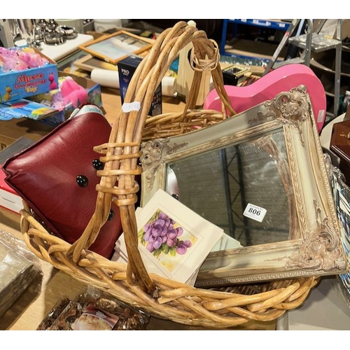 806 - Large Wicker Basket + Shabby Chic Mirror + Leather Cushion