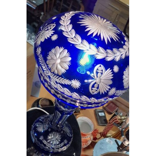 167 - Bohemian Blue Flashed Cut Glass Table Lamp with Mushroom Shade