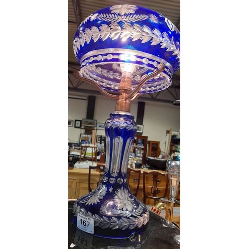 167 - Bohemian Blue Flashed Cut Glass Table Lamp with Mushroom Shade