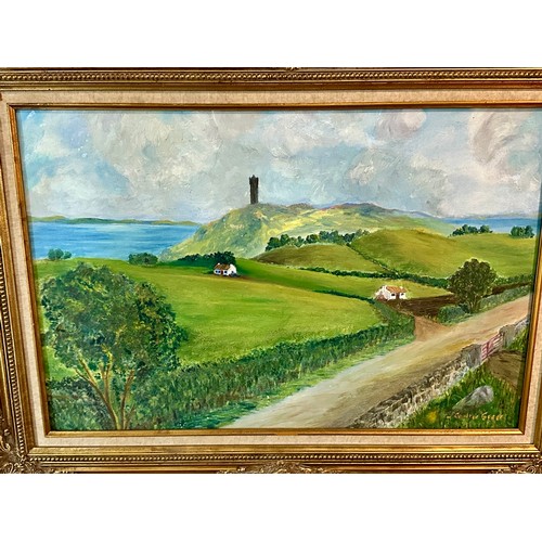 511 - Large Gilt Framed Oil On Board, Scrabo Tower By J. Coulter Greer 38 x 28