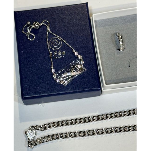 1197 - J Fee Adjustable Infinity Knot Bracelet, Heart Pendant Curb Necklace + Pair of Statement Hoops