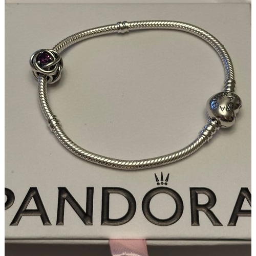 1123 - Pandora Heart Clasp Moments Snake Chain Bracelet with February Celtic Knot Charm