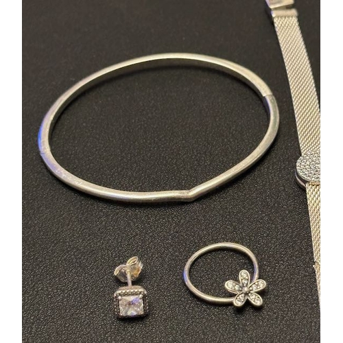 1093 - Pandora Bracelet x2 & Floral Ring (As Found) + Single Square Stud Earring