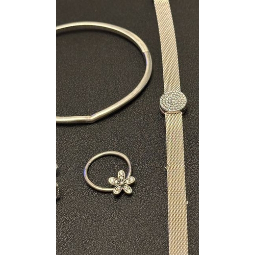 1093 - Pandora Bracelet x2 & Floral Ring (As Found) + Single Square Stud Earring