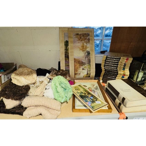 604 - Large Mixed Lot Incl Vintage hats, Prints & Set of Childcraft  & World Dictionary Books