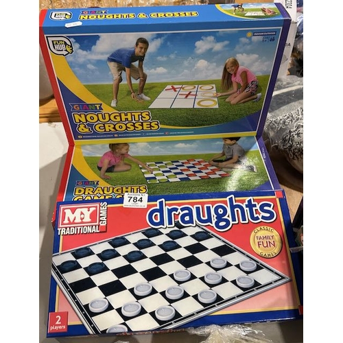 784 - 3x Boxed Giant Games - Draughts + Noughts & Crosses + Traditional Ludo