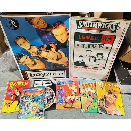 799 - 2 x Muscic Posters - Smithwicks Level 42 & Boyzone + Box Of Vintage Annuals