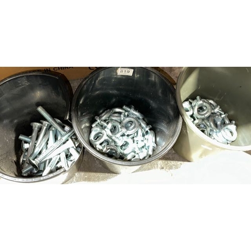 819 - 3 x Large Buckets Of Assorted Hardware - Ring Bolts Etc