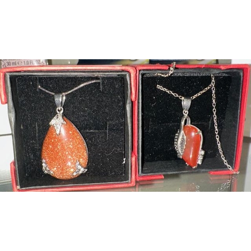 821 - Red Stone Leaf Pendant Necklace + Ornate Pendant Necklace