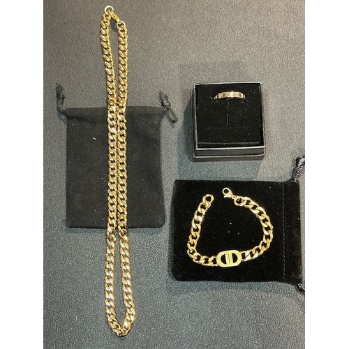 1017 - Gold Tone Cuban Chain, Bracelet & Ring