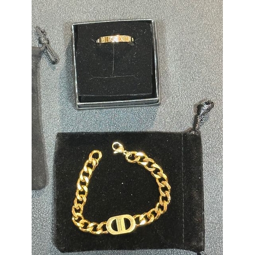 1017 - Gold Tone Cuban Chain, Bracelet & Ring