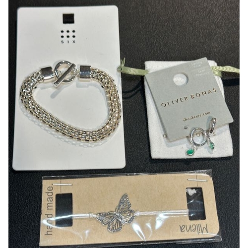 1019 - Oliver Bonas Silver Tiny Teardrop Green Earrings + Milena Adjustable Butterfly Bracelet + SIX T Bar ... 