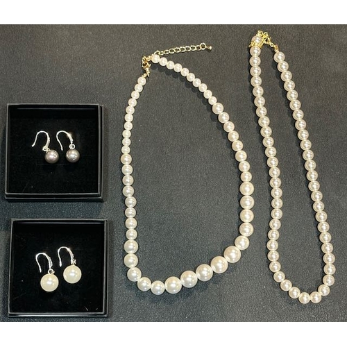 1030 - 2 Pairs Of Silver Dress Pearl Earrings + 2 Necklaces