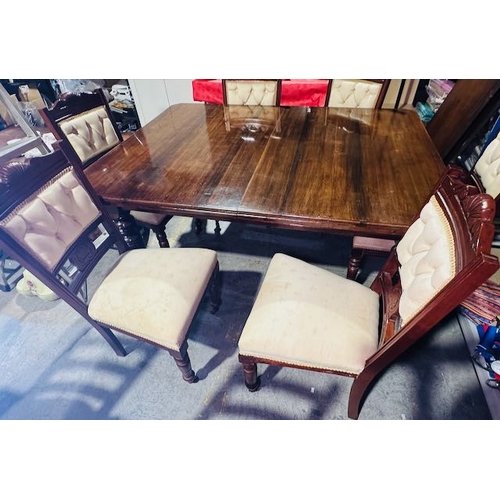 356 - Antique Column Leg Extending Dining Table with 2 Leaves & Winder with 6 Carved Detail Chairs in Exce... 