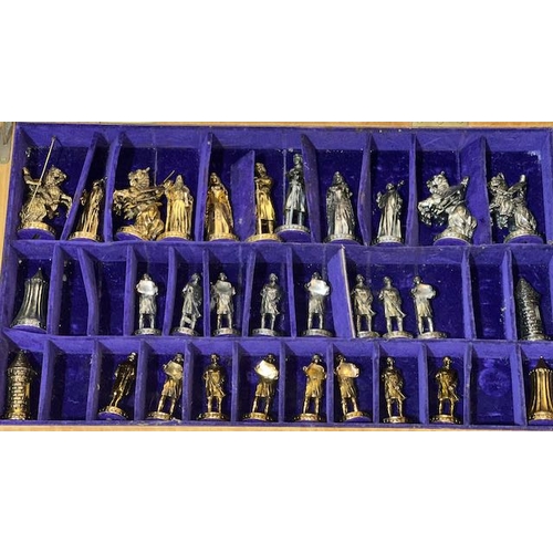 493 - Large Lined Wooden Wooden with Metal Medieval Chess Set (1 Piece Missing)