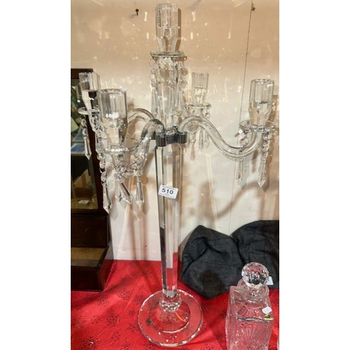 510 - Pair of Quality Tall Crystal 5 Branch Candelabras with Crystal Droplets - Unused Out of Boxes