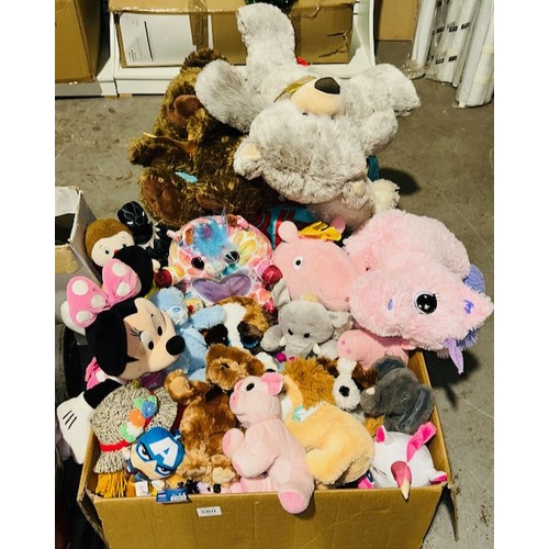 580 - Large Box & Bag Of Assorted Plush Teddies Etc Incl Rubicorn , Minnie Mouse Etc