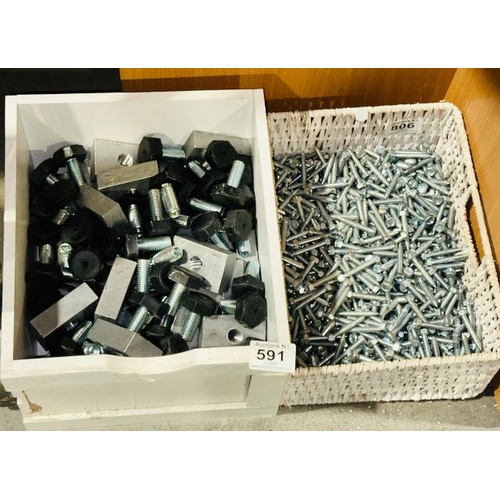 591 - Large Box Of Furniture Feet + Large Basket of Screws Etc