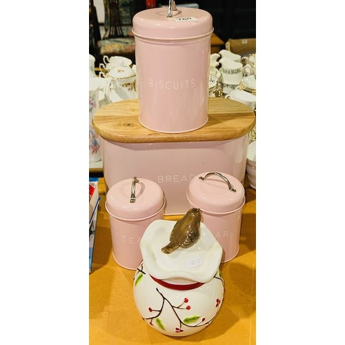 760 - Pink Kitchen Canister Set + Christmas Robin Cookie Jar