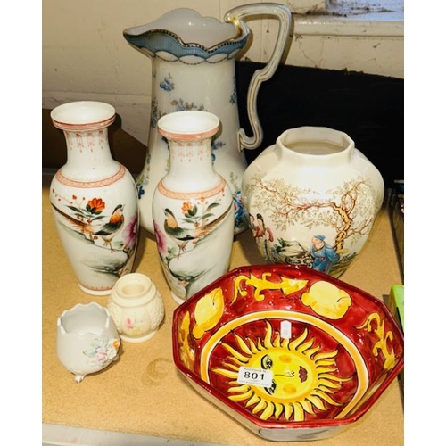 801 - Large Losol Ware Jug + Assorted Asian Vases Etc + Donegal China Lidded Pot