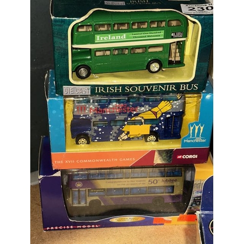 230 - 3 x Boxed Die Cast Model Buses Incl Corgi  Manchester 2002, Irish Souvenir Bus & 50th Jubilee Bus