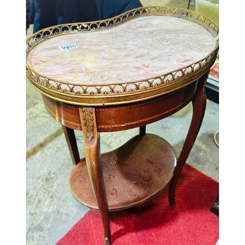 438A - Mahogany Inlaid Kidney Shaped Table with Gilted Gallery & Marble Top + 1 Drawer