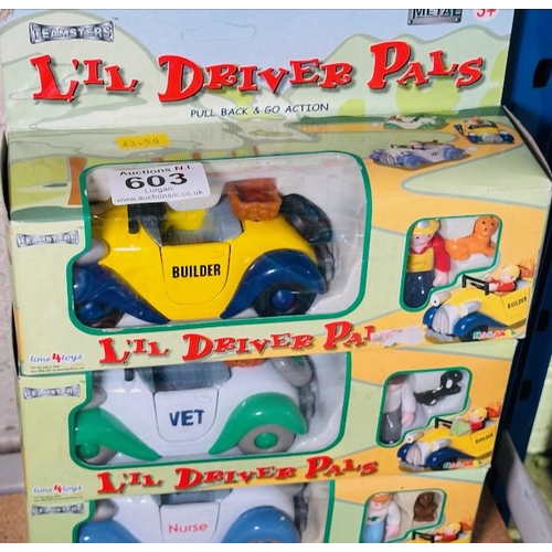 603 - 3 x Boxed Teamsters L'il Driver Pals Pull Back & Go Vechiles Sets