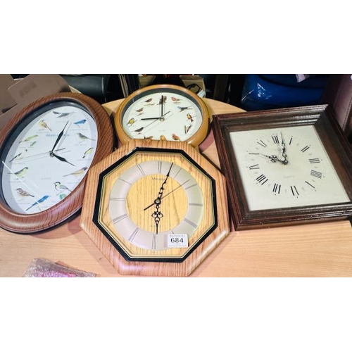 684 - Wall Clock x 4 Incl Bird Style, Minster Etc