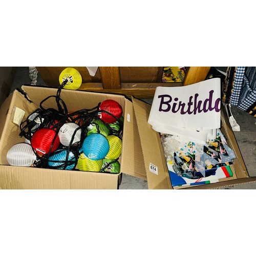 674 - Box Of String Lantern Lights + Box of Assorted Party Banners Etc