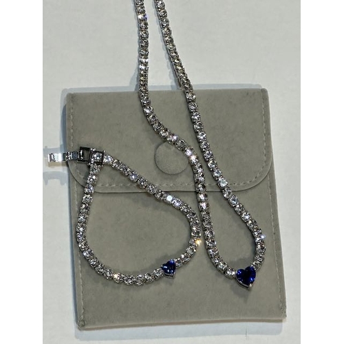 1038 - Ornate Blue Heart Tennis Necklace & Bracelet