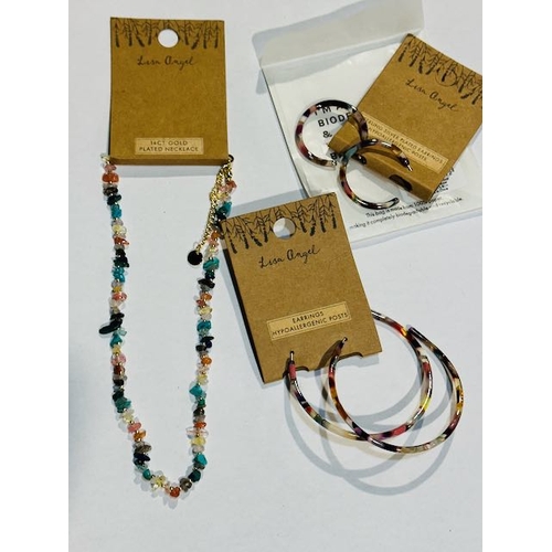 1080 - Lisa Angel Tortoisehell Resin Hoops x2 + Multi Colour Semi Precious Stone Gold Plated Necklace