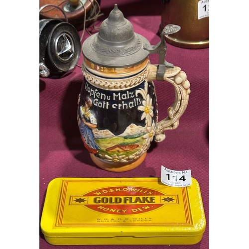 114 - Ornate German Stein Tankard  + Vintage Goldflake Tin