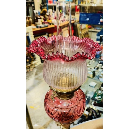 202 - Beautiful Marble & Ormolu Based Oil Lamp with Cranberry Glass Reservoir with Cranberry Topped Ribbed... 