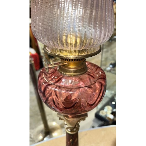 202 - Beautiful Marble & Ormolu Based Oil Lamp with Cranberry Glass Reservoir with Cranberry Topped Ribbed... 