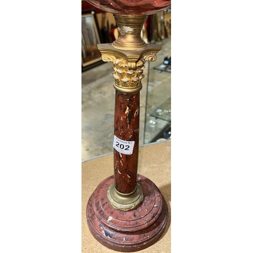 202 - Beautiful Marble & Ormolu Based Oil Lamp with Cranberry Glass Reservoir with Cranberry Topped Ribbed... 