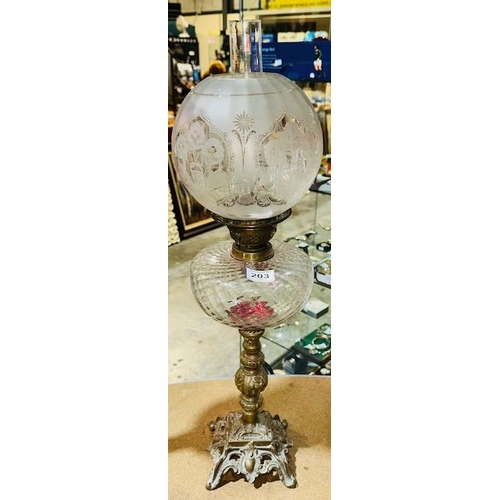 203 - Ornate Metal Based Oil Lamp with Clear Glass Reservoir & Etched Detailed Shade