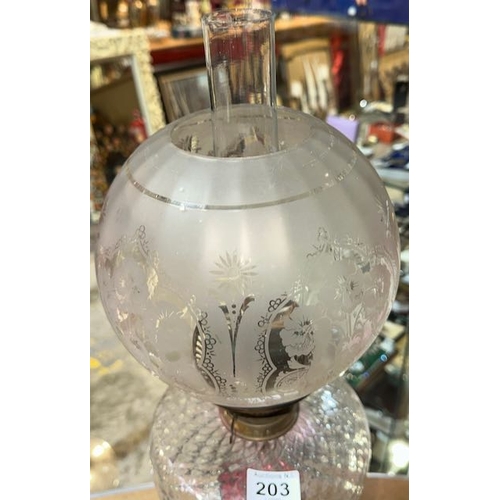 203 - Ornate Metal Based Oil Lamp with Clear Glass Reservoir & Etched Detailed Shade