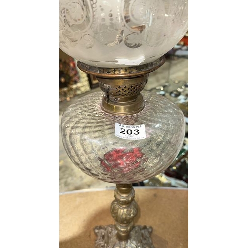 203 - Ornate Metal Based Oil Lamp with Clear Glass Reservoir & Etched Detailed Shade