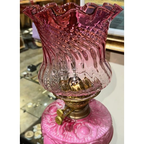 208 - Antique Brass Based Oil Lamp with Ornate Pink Glass Reservoir & Cranberry Fluted Shade