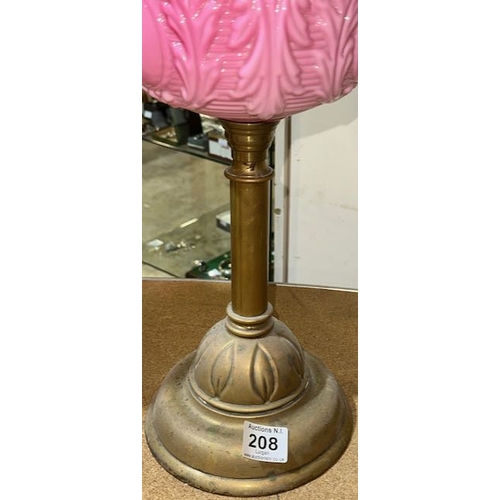 208 - Antique Brass Based Oil Lamp with Ornate Pink Glass Reservoir & Cranberry Fluted Shade