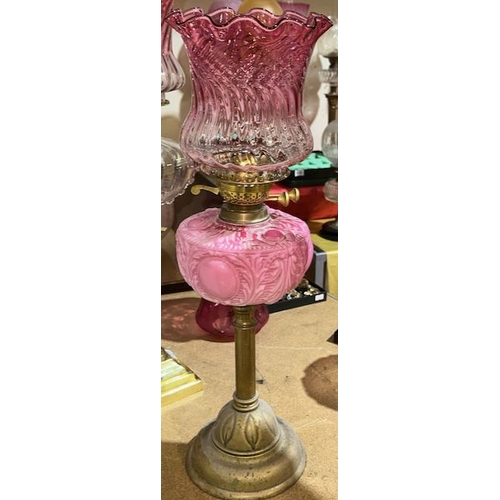 208 - Antique Brass Based Oil Lamp with Ornate Pink Glass Reservoir & Cranberry Fluted Shade