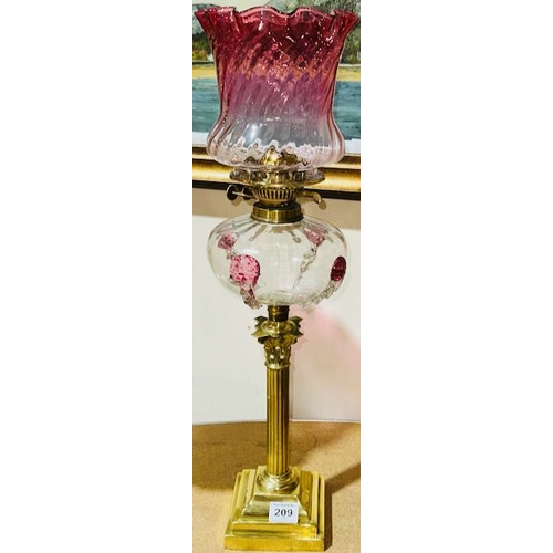 209 - Antique Brass Corinthian Column Oil Lamp with Clear & Cranberry Glass Reservoir & Cranberry Fluted S... 