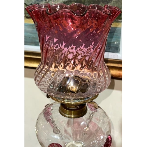 209 - Antique Brass Corinthian Column Oil Lamp with Clear & Cranberry Glass Reservoir & Cranberry Fluted S... 