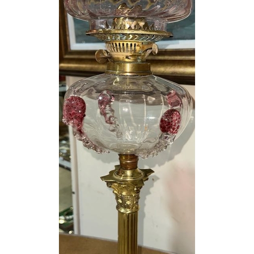 209 - Antique Brass Corinthian Column Oil Lamp with Clear & Cranberry Glass Reservoir & Cranberry Fluted S... 