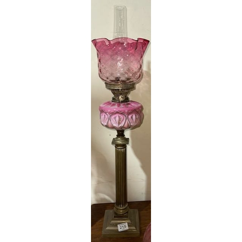 215 - Antique Brass Corinthian Column Based Oil Lamp with Pink Handpainted Glass Reservoir & Dimpled Cranb... 