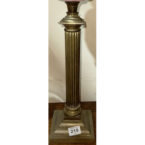 215 - Antique Brass Corinthian Column Based Oil Lamp with Pink Handpainted Glass Reservoir & Dimpled Cranb... 