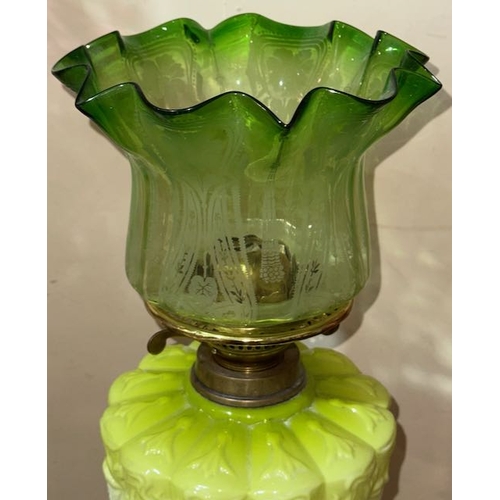 216 - Antique Brass Corinthian Column Based Oil Lamp with Green Glass Reservoir & Green Glass Etched Flute... 