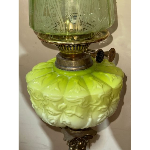 216 - Antique Brass Corinthian Column Based Oil Lamp with Green Glass Reservoir & Green Glass Etched Flute... 