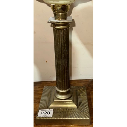 220 - Antique Brass Corinthian Column Based Oil Lamp with Glass Hand Painted Reservoir & Yellow Frosted Gl... 